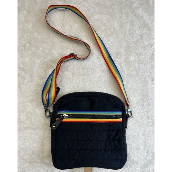 Sondra Roberts Squared Nylon Quilted Black Crossbody Purse Rainbow Strap - Picture 1 of 11